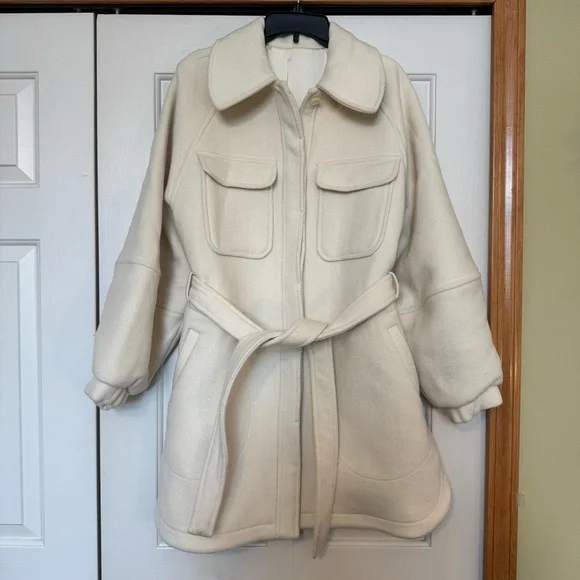 & Other Stories Cream Wool Blend Belted Balloon Sleeve Coat - Picture 2 of 11